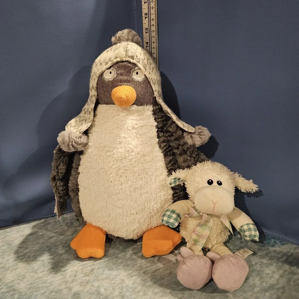 Pier 1 Imports Penguin & Lamb Plush Lot Winter Farmhouse Decor Stuffed Animals